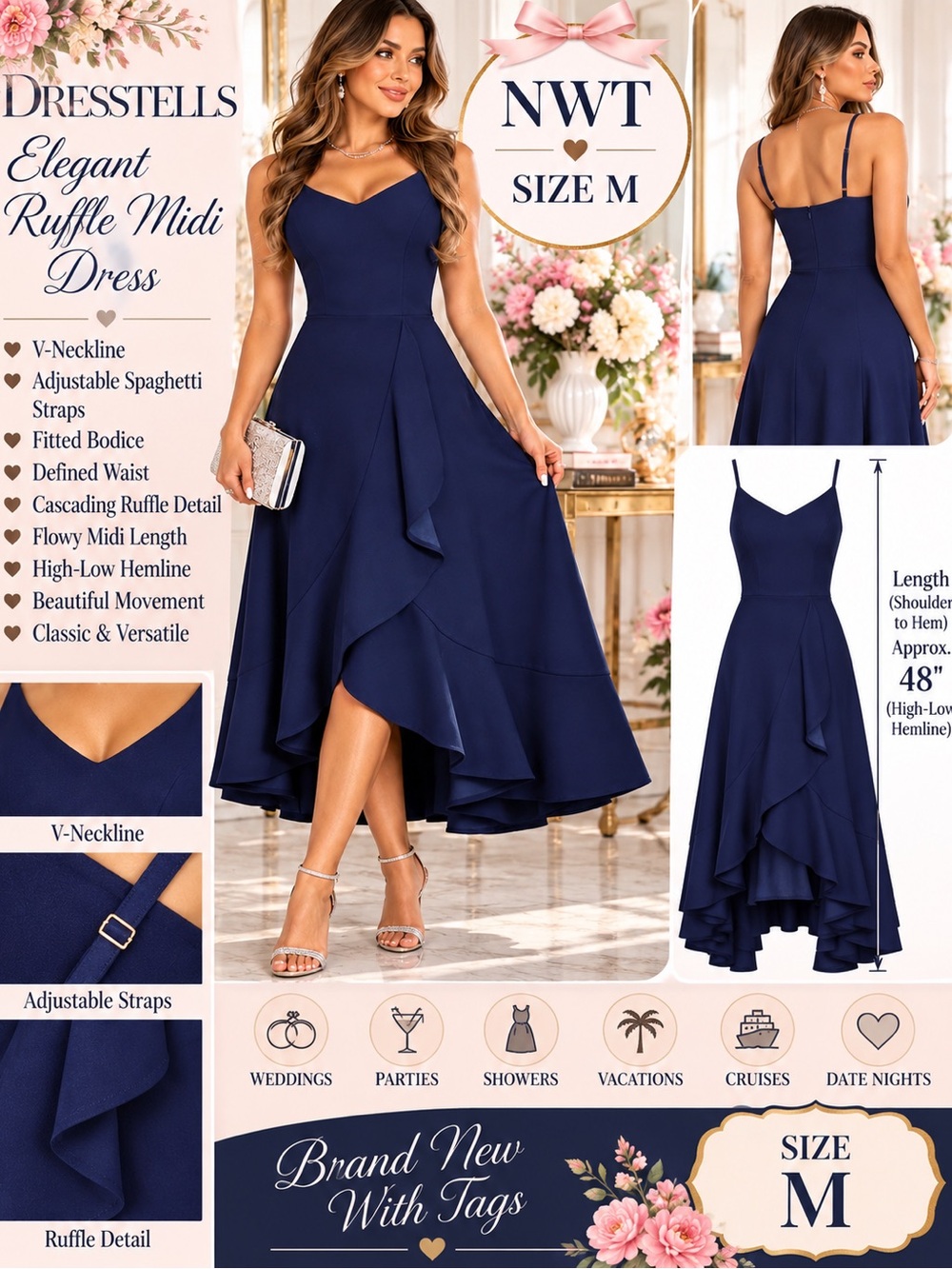 NWT Elegant Navy Ruffle Midi Dress - Size M
